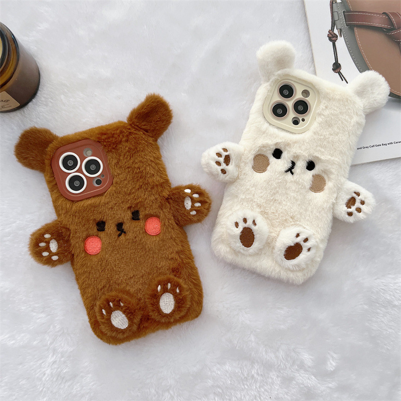 Phone Cases Iphone 14 - Korean 3D Cartoon Bear Fluffy Plush